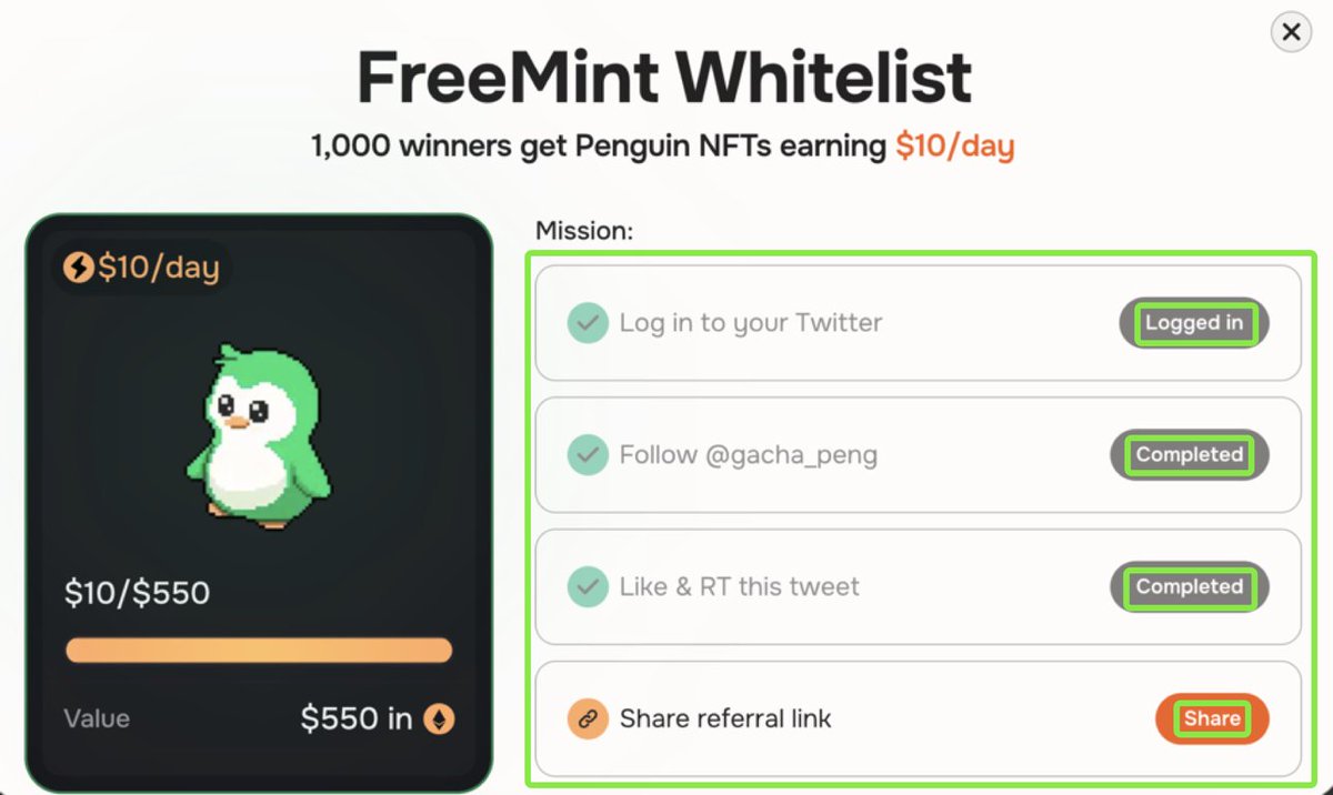 白嫖福利来了🎁

抽奖5个Penguin NFT白名单
（游戏上线后NFT 每天可赚取 10 美元收益）白嫖福利☺️

抽奖要求：
1/转发
2/点赞
3/评论

Gacha Peng是一种像素风格的 GameFi ，是一款“召唤并赚取”的游戏：使用 ETH