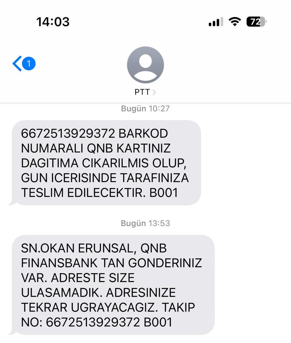 PTT kuryeleri adresimde olmama ragmen 2 saniyeligine arayıp daha telefonu açamadan kapatıp adreste değil diye not bırakıyor. Kredi kartınızı teslim etmiyorlar haberiniz olsun. <a href="/qnbtr/">QNB Türkiye</a> <a href="/PTTKurumsal/">PTT AŞ</a>