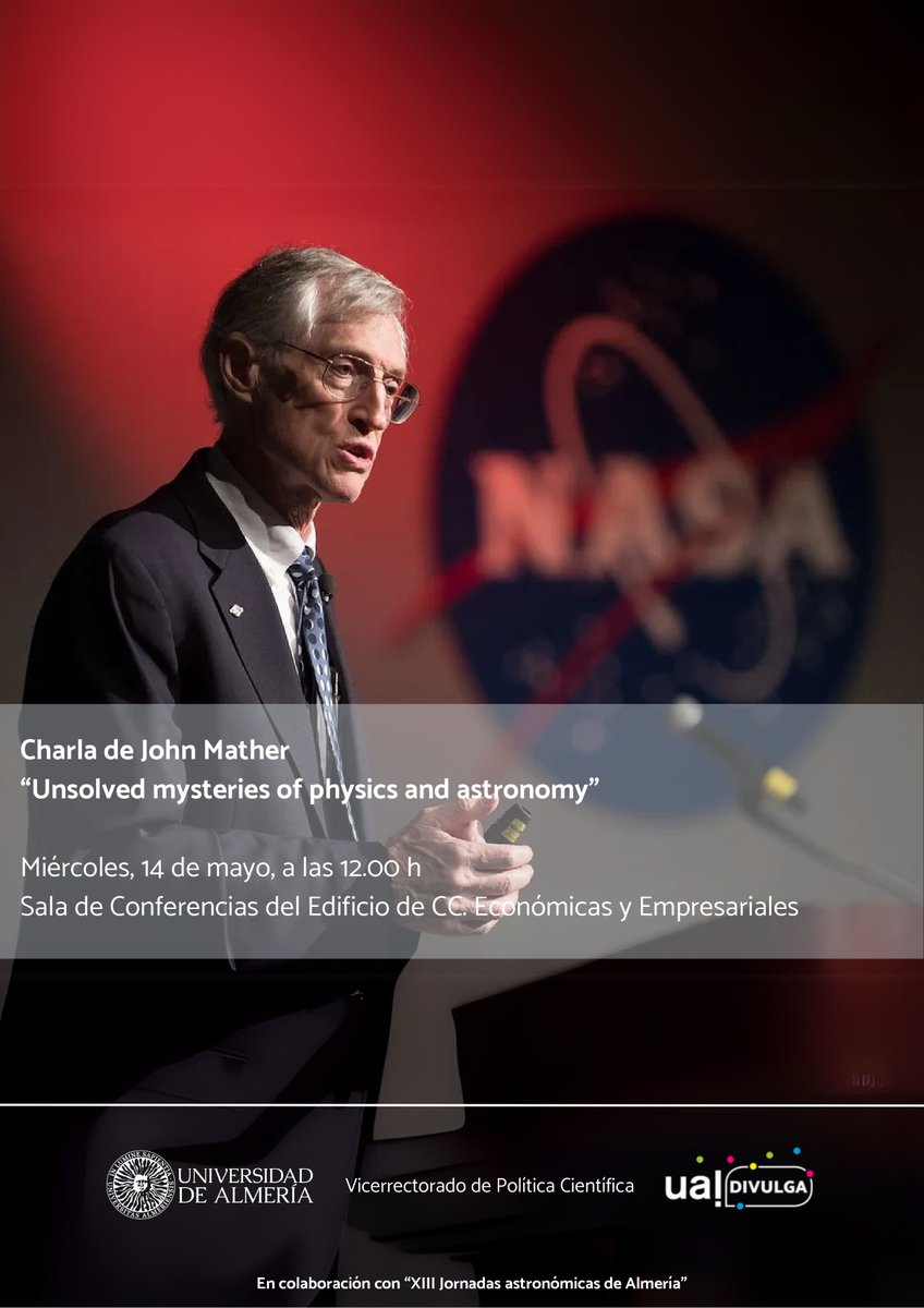 🌌 El premio nobel John Mather llega a la UAL el 14 de mayo para hablar de los “misterios de la física y la astronomía”. ¡Una oportunidad única para conocer al líder del Telescopio Espacial James Webb! 🔭
🔊 Más info 👉 bit.ly/4d51fbn
#UAL #SoyUAL #UALDivulga #CienciaUAL