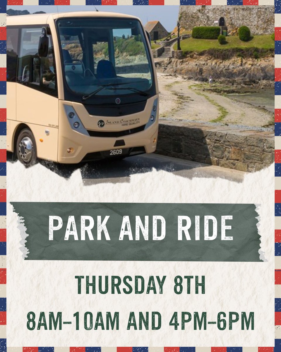 From tomorrow, a free park and ride service will run from the field at the top of Val de Terres to Havelet Bay between 8am–10am and 4pm–6pm. 🕕

This temporary service is in place to help with parking suspensions across town as Liberation Day preparations get underway.

#LibDay80