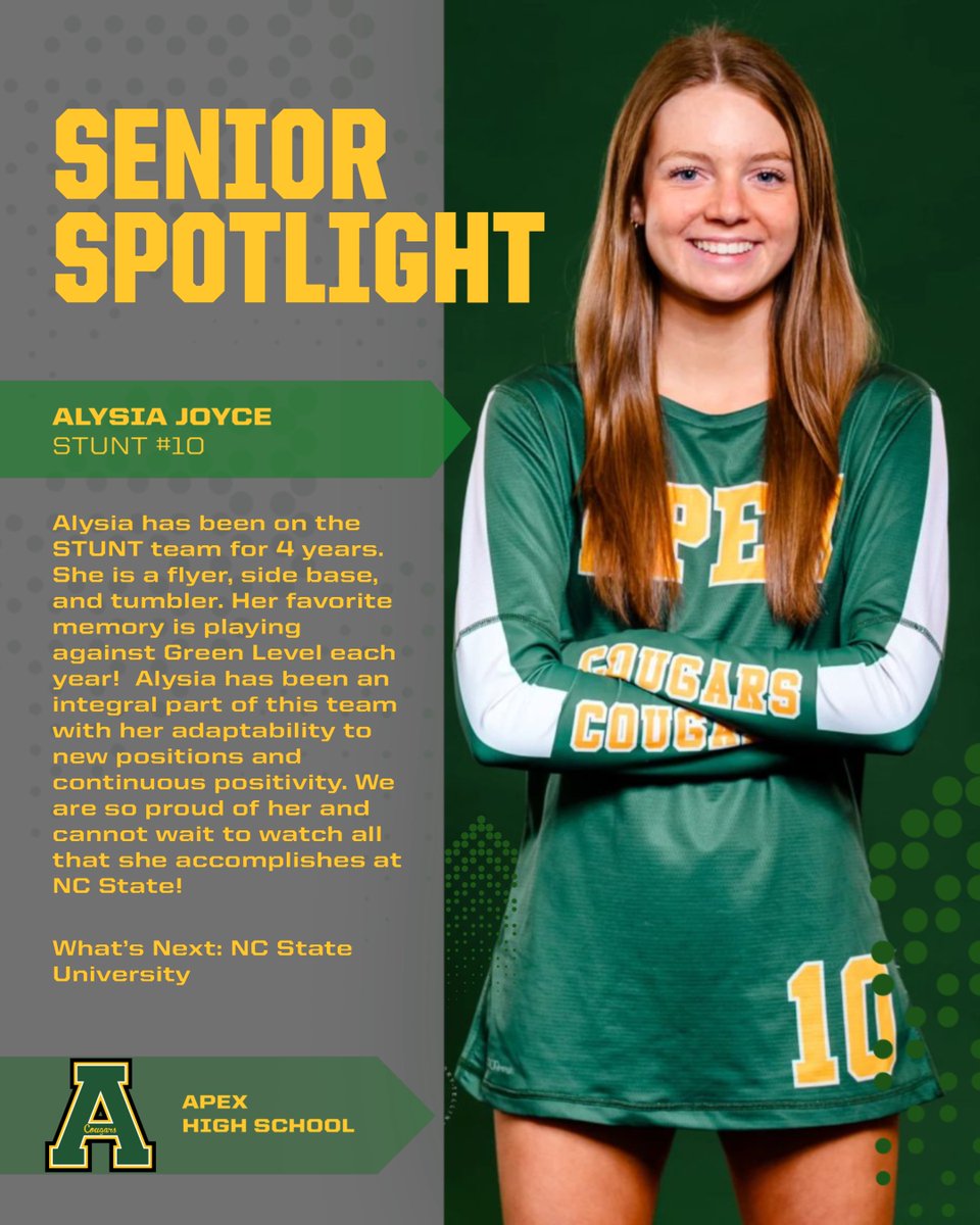 Next up, Alysia Joyce! Alysia, we are so proud of you and will miss your positivity and determination. We know you will do amazing things in your future! Apex Cheer and STUNT loves you!
