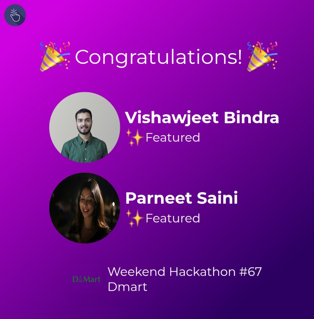 ✨Featured designers of Weekend Hackathon #67 on DMart challenge are:

⭐ Vishawjeet Bindra
⭐ Parneet Saini

🥳 Congratulations!

👉🏻 Check out their designs at: l.uxhack.co/1mamus

#dmart #retail #uxhack #userexperience #design #productredesign #uxchallenge