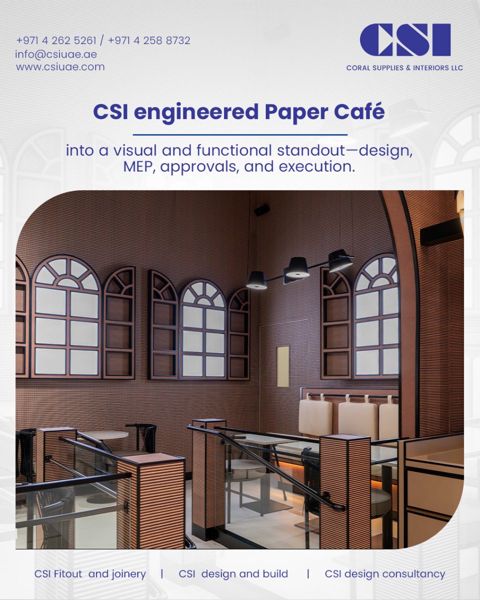 CoralSupplies's tweet image. Paper Café stands as a true showcase of CSI’s expertise—from technical design and MEP to authority approvals and fit-out, we brought every detail to life with precision and creativity.
csiuae.com
#PaperCafeByCSI #CSIProjects #FitoutExperts #TechnicalDesign