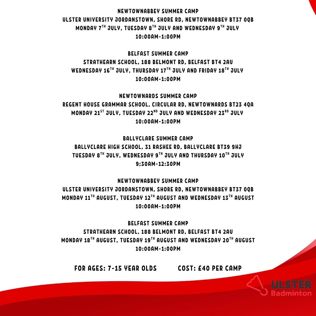 UlsterBadders (@ulsterbadders) on Twitter photo ☀️SUMMER CAMPS🏸
🚨We are delighted to announce we will be running the following Summer Camps!
What's included:
🏸Fun badminton activities
🙌Making new friends
Registration⬇️
participationofficer@ulsterbadminton.com
<a href="/ANDborough/">ArdsandNorthDown</a>
<a href="/belfastcc/">Belfast City Council</a>
<a href="/ANBorough/">Antrim & Newtownabbey Borough Council</a> ☀️SUMMER CAMPS🏸
🚨We are delighted to announce we will be running the following Summer Camps!
What's included:
🏸Fun badminton activities
🙌Making new friends
Registration⬇️
participationofficer@ulsterbadminton.com
<a href="/ANDborough/">ArdsandNorthDown</a>
<a href="/belfastcc/">Belfast City Council</a>
<a href="/ANBorough/">Antrim & Newtownabbey Borough Council</a>
