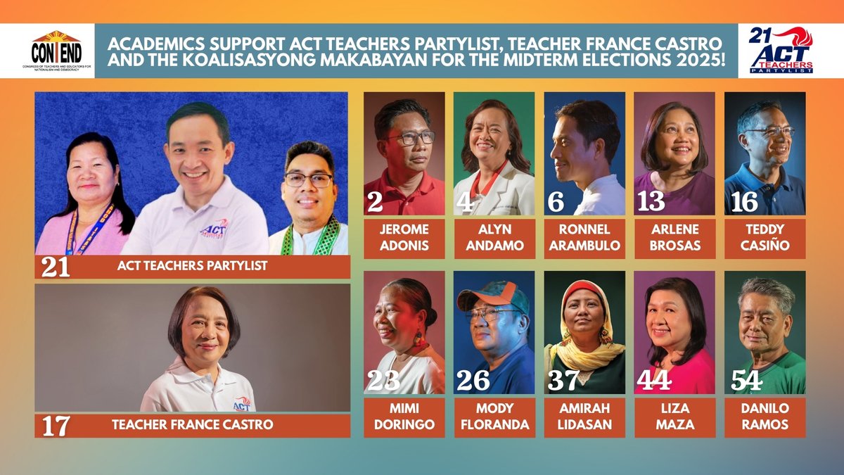 ACADEMICS SUPPORT ACT TEACHERS PARTYLIST, TEACHER FRANCE CASTRO AND THE KOALISASYONG MAKABAYAN FOR THE MIDTERM ELECTIONS 2025!

Read our full endorsement: facebook.com/share/p/1CE7i4…

#17TeacherFranceCastro
#21ACTTeachersPartylist
#TaumbayanNaman
#TaumbayanSaSenado