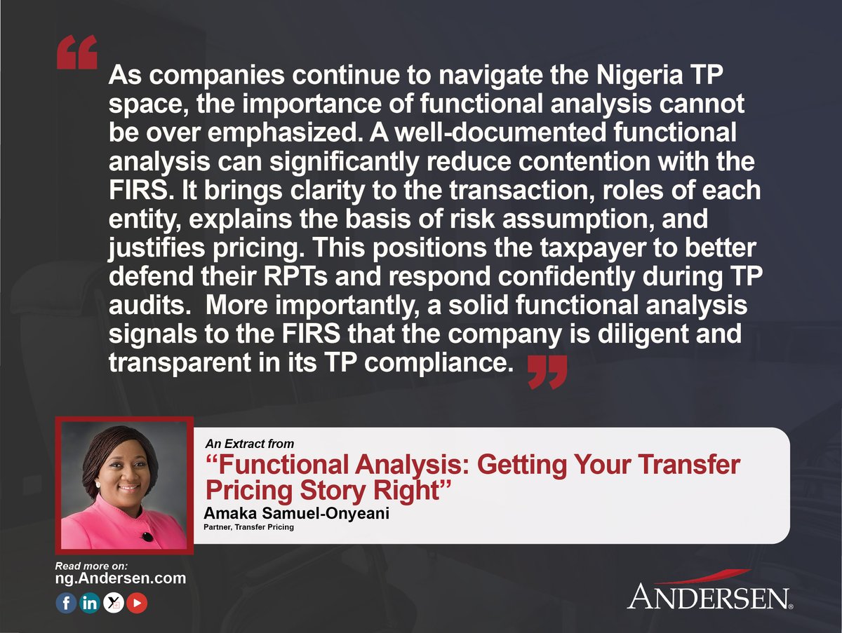 AndersenNigeria's tweet image. 💡✅ "#FunctionalAnalysis is Your First Line of Defense in Nigeria’s TP Audits". As companies navigate the evolving #TP landscape in Nigeria, a robust functional analysis is no longer optional—it’s essential.
🔗Read here: ng.andersen.com/functional-ana…
#AndersenNigeria