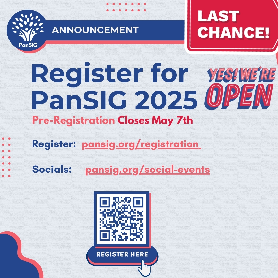 TODAY is the FINAL DAY! 
Last chance to pre-register for PanSIG 2025!
Pre-registration closes TONIGHT, May 7th!
 pansig.org/registration
Don’t miss the event everyone’s talking about!
#PanSIG2025 #JALT #TESOL #ELT #AppliedLinguistics #EduCon #TeacherLife #JapanEdu