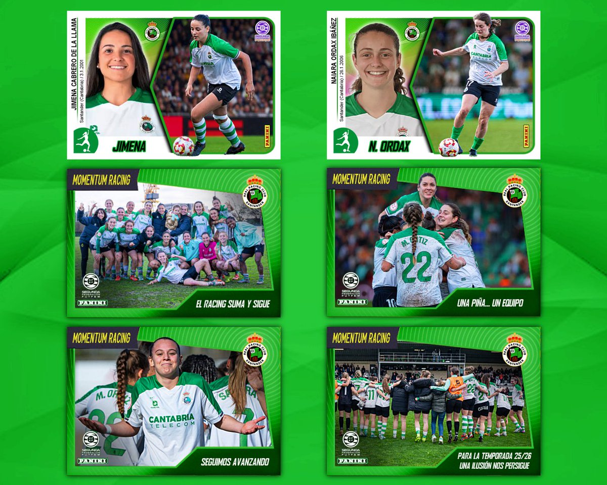 Cromos del Real Racing Club Femenino 2024/25 al estilo Panini. 
Fin de curso y una más que notable temporada de nuestras chicas. ¡¡¡Aupa Racing!!! 💚👏👏👏