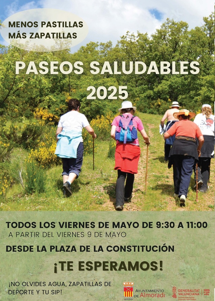 La Concejalía de Sanidad y el Centro de Salud de Almoradí  invierten en el bienestar y la salud de las personas a través de 𝗽𝗮𝘀𝗲𝗼𝘀 𝘀𝗮𝗹𝘂𝗱𝗮𝗯𝗹𝗲𝘀 con la campaña "Menos pastillas, más zapatillas". Todos los viernes de mayo de 9:30h a 11:00h, desde la Pl. Constitución