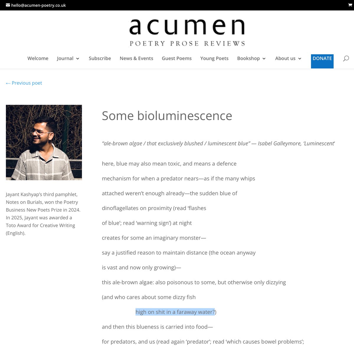 Jayant Kashyap (@jaydkash) on Twitter photo I’m an ACUMEN YOUNG POET this year, and three of my poems (inspired by work from <a href="/IGalleymore/">Isabel Galleymore</a>, <a href="/JessicaTraynor6/">Jessica Traynor</a>, Hugo Williams, and Charles Darwin) are up on the website. Very grateful to Martyn at <a href="/AcumenPoetry/">Acumen Poetry</a> for this!!! — acumen-poetry.co.uk/jayant-kashyap… 🥹🪶 I’m an ACUMEN YOUNG POET this year, and three of my poems (inspired by work from <a href="/IGalleymore/">Isabel Galleymore</a>, <a href="/JessicaTraynor6/">Jessica Traynor</a>, Hugo Williams, and Charles Darwin) are up on the website. Very grateful to Martyn at <a href="/AcumenPoetry/">Acumen Poetry</a> for this!!! — acumen-poetry.co.uk/jayant-kashyap… 🥹🪶