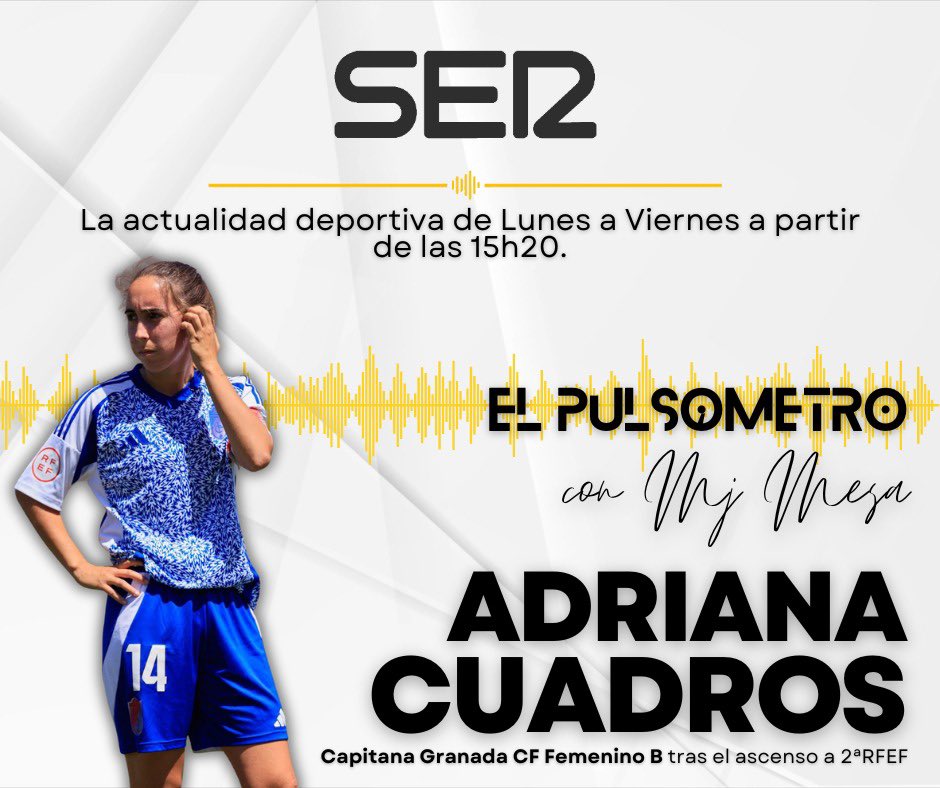 Hoy en #ElPulsómetro en <a href="/SerDeportivosGR/">SER Deportivos GR</a> tengo la suerte de entrevistar a la capitana del <a href="/GranadaCF_Fem/">Granada CF Femenino</a> B, <a href="/cuadros62/">Adriana Cuadros</a>, una futbolista a la que conocí como infantil, y a la que he tenido la suerte de ver crecer. Hoy homenajeamos al filial rojiblanco por su ascenso. ♥️🤍