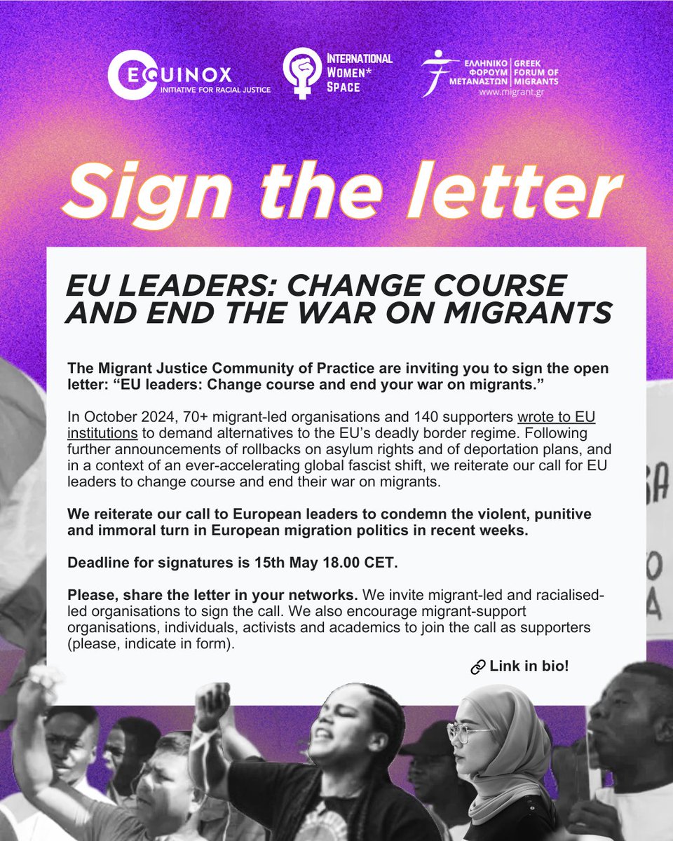 As rollbacks on asylum rights escalate, with plans of deportation, expanded police &amp; border force, we're calling on EU leaders to change course &amp; end your war on migrants. ✊🏽✊🏽

📅Sign onto our call before 15th May, 18:00 CET

framaforms.org/sign-the-call-…