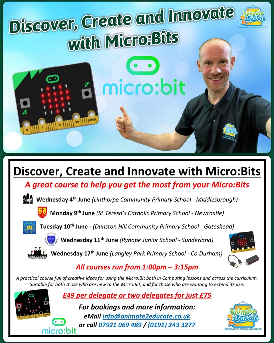 Martin Bailey (@animate2educate) on Twitter photo Discover, Create & Innovate with Micro:Bits!
A hands-on KS2 course for teachers & TAs. Build coding confidence, explore cross-curricular links & get classroom-ready ideas.
£49/£75 | 1–3:15pm | Various NE venues in June.
Book: info@animate2educate.co.uk Discover, Create & Innovate with Micro:Bits!
A hands-on KS2 course for teachers & TAs. Build coding confidence, explore cross-curricular links & get classroom-ready ideas.
£49/£75 | 1–3:15pm | Various NE venues in June.
Book: info@animate2educate.co.uk