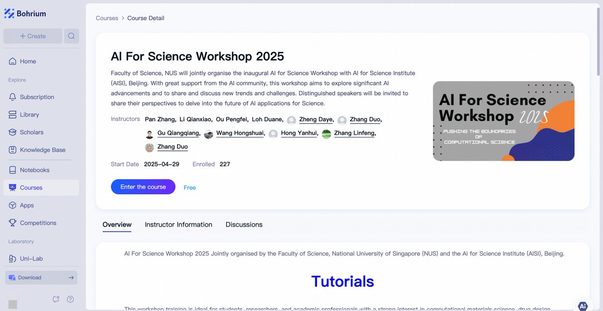 Bohrium_AI4S's tweet image. 🌟 Workshop Recap: AI for Science 2025 @ NUS 
On 29–30 April, @Bohrium_AI4S  proudly supported the AI for Science Workshop 2025 as the official tutorial platform. Grateful to NUS, AISI &amp;amp; all speakers for advancing the dialogue between AI &amp;amp; scientific discovery! 
#AIforScience…