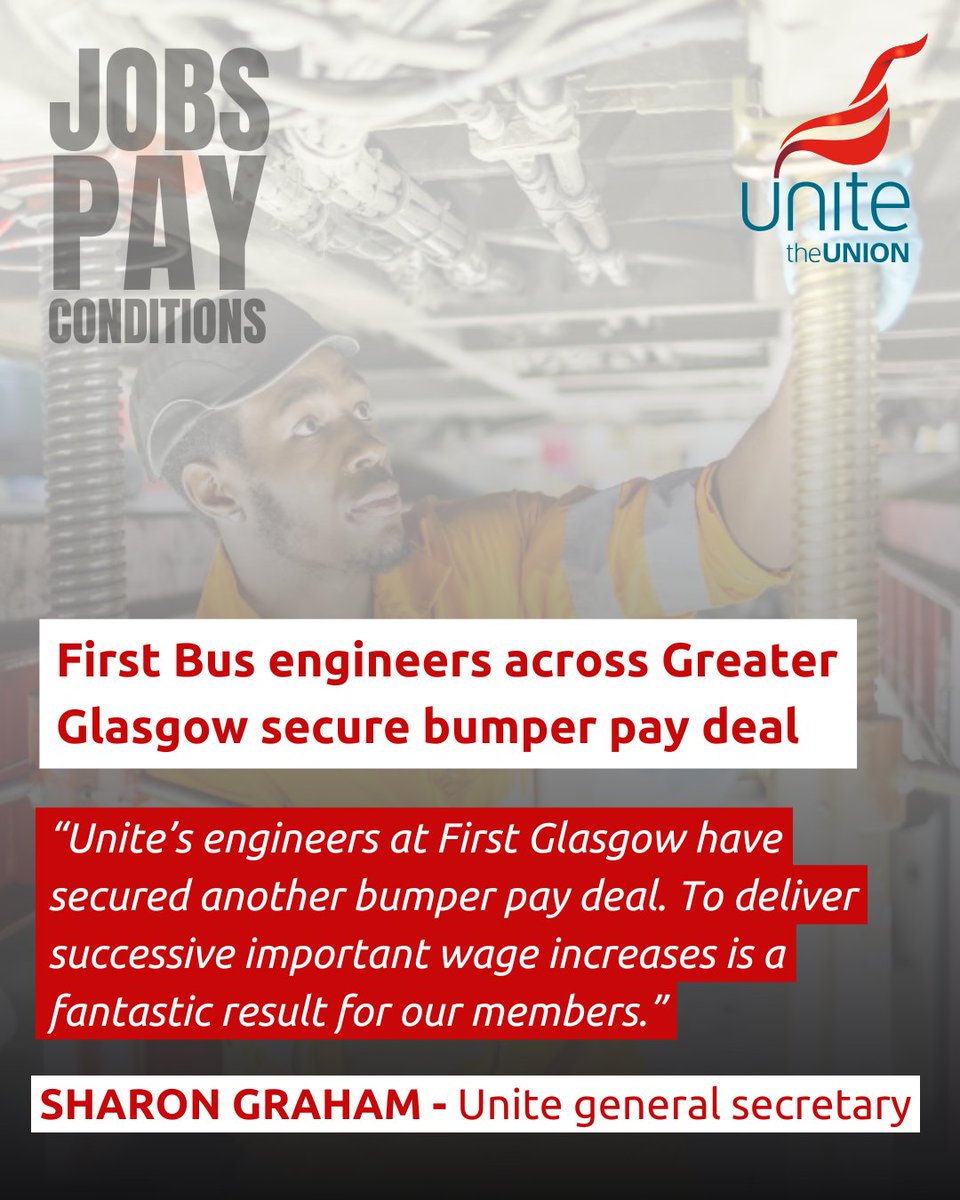 Sharon Graham (@unitesharon) on Twitter photo 🔥 First Bus engineers across Greater Glasgow secure bumper pay deal 🚍
Latest 13.3% increase raises wages by £9,700 over 18 months.
<a href="/unitetheunion/">Unite the union: join a union</a> does what it says on the tin: we deliver better #JobsPayConditions for our members. 🔥 First Bus engineers across Greater Glasgow secure bumper pay deal 🚍
Latest 13.3% increase raises wages by £9,700 over 18 months.
<a href="/unitetheunion/">Unite the union: join a union</a> does what it says on the tin: we deliver better #JobsPayConditions for our members.