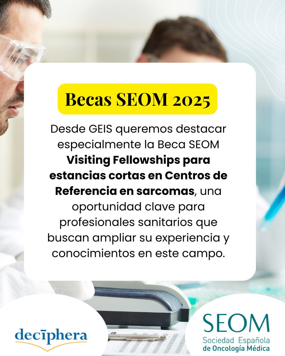 ¿Te interesa formarte en centros de referencia en sarcomas?

Ya está abierta la convocatoria de Becas, Proyectos y Premios SEOM 2025 y queremos destacar una oportunidad única para profesionales interesados en sarcomas:

👉 seom.org/otros-servicio…