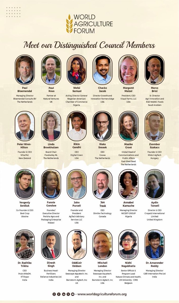 🌍 Meet the Distinguished Council Members of the World Agriculture Forum — global leaders shaping the future of food, farming &amp; sustainability. 🌾
#WAFCouncil #GlobalAgriculture #AgriLeadership #FoodSecurity #SustainableFarming #InnovationInAg
