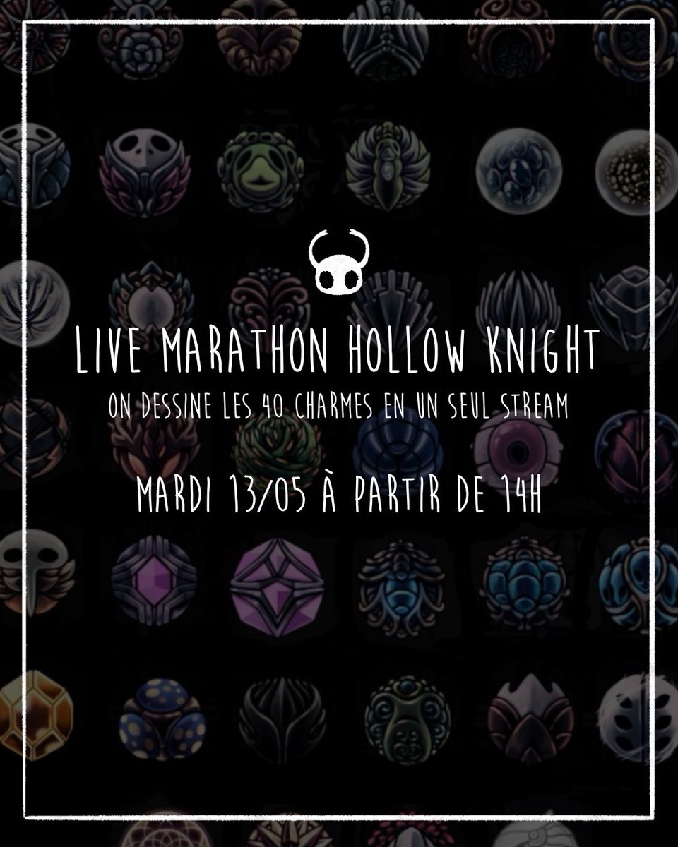 🪲 STREAM MARATHON 🪲

RDV le 13 mai pour mon marathon artistique annuel ! ✨ Cette année on dessine les 40 charmes d’Hollow Knight d’un coup ! 🐝 Venez dessiner avec moi ! 🌻