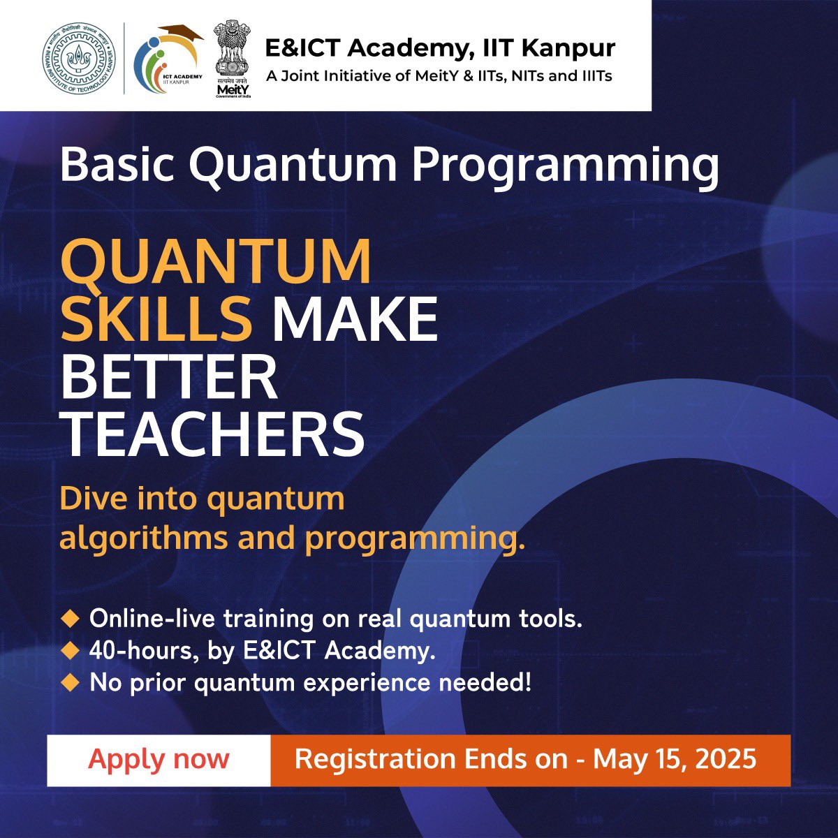 eicta_iitk's tweet image. Master quantum algorithms with no prior experience. 40-hour online course by E&ICT Academy.
Apply by May 15!
EICTA, IITK, Quantum Programming, FDP, Online Course, Faculty Development
#QuantumProgramming #FDP #EICTAcademy #IITKanpur #QuantumSkills #FacultyDevelopment #OnlineFDP