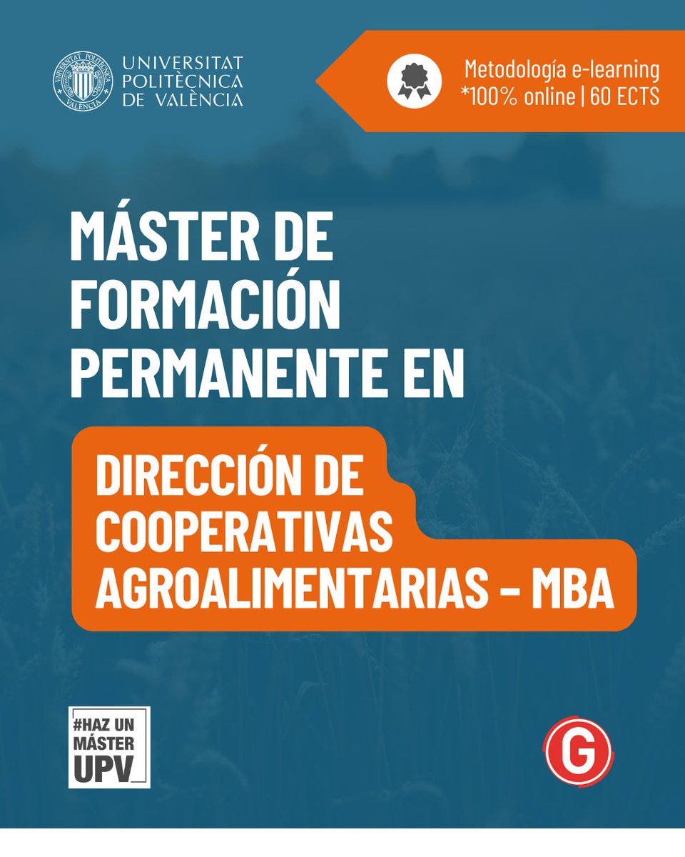 MÁSTER DE FORMACIÓN PERMANENTE EN DIRECCIÓN DE COOPERATIVAS AGROALIMENTARIAS - MBA

🎯 Su objetivo es aportar a los titulados y profesionales una visión global y estratégica de la gestión empresarial en cooperativas

¡Haz ya tu preinscripción! 👉 cfp.upv.es/formacion-perm…