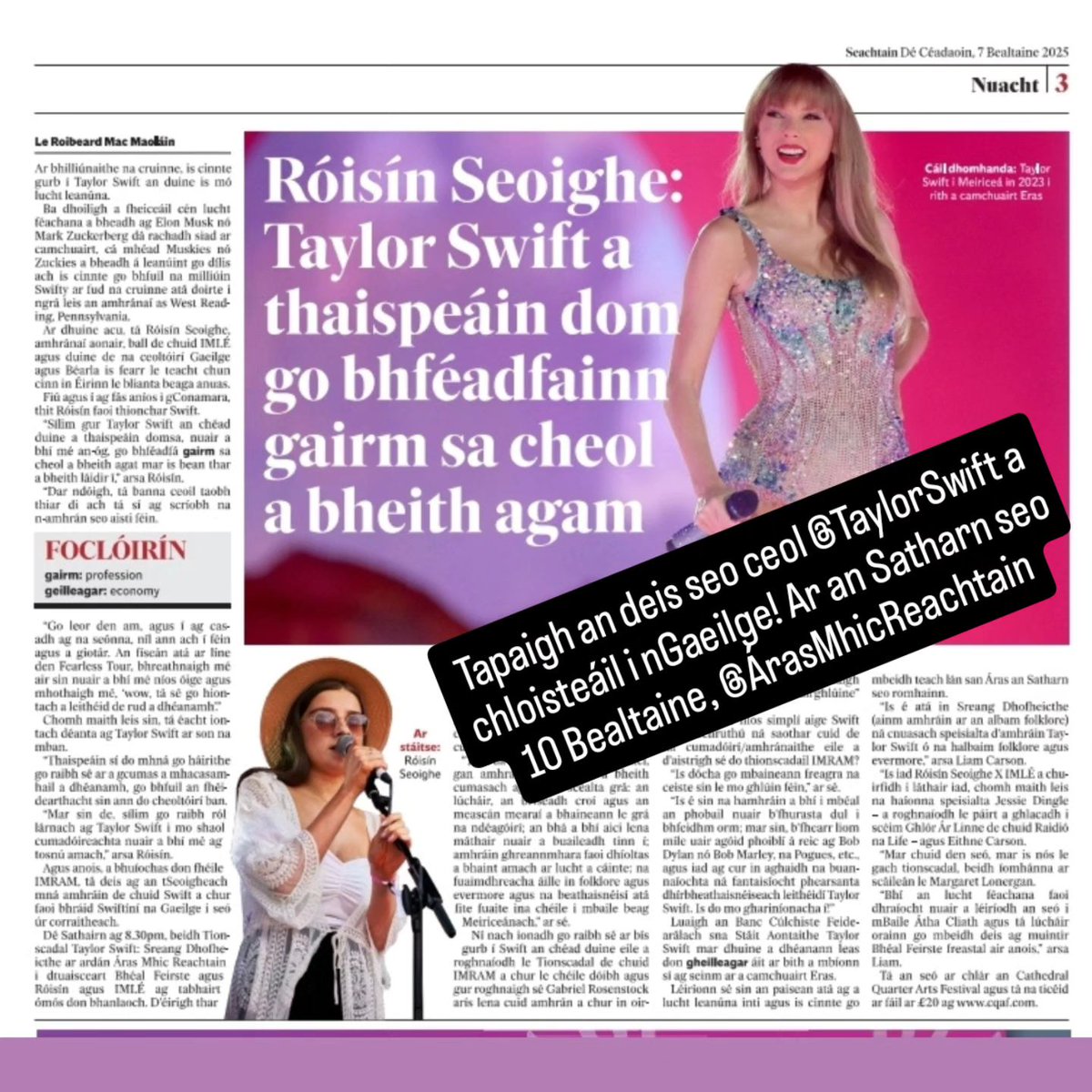 Cumann Cultúrtha Mhic Reachtain (@mhicreachtain) on Twitter photo ❤️Tionscadal Taylor Swift 🎶🎵🎶
📅Dé Sathairn 10.05.25 🕗doirse 8:00in💥
🎟️🎟️🫵 rebrand.ly/dvdjsbc🎶🎵
píosa deas ✍️<a href="/SeachtainNuacht/">Seachtain</a> <a href="/Independent_ie/">Irish Independent</a>
<a href="/ImramFeile/">IMRAM | Féile Litríochta Gaeilge</a> <a href="/Cqaf/">Cathedral1/4ArtsFest</a> <a href="/RoisinSeoighe/">Róisín Seoighe</a> <a href="/CeolImle/">IMLÉ</a> <a href="/ArtsCouncilNI/">Arts Council of Northern Ireland</a> <a href="/ForasnaGaeilge/">Foras na Gaeilge</a> <a href="/ourbelfastmusic/">Belfast City of Music</a> ❤️Tionscadal Taylor Swift 🎶🎵🎶
📅Dé Sathairn 10.05.25 🕗doirse 8:00in💥
🎟️🎟️🫵 rebrand.ly/dvdjsbc🎶🎵
píosa deas ✍️<a href="/SeachtainNuacht/">Seachtain</a> <a href="/Independent_ie/">Irish Independent</a>
<a href="/ImramFeile/">IMRAM | Féile Litríochta Gaeilge</a> <a href="/Cqaf/">Cathedral1/4ArtsFest</a> <a href="/RoisinSeoighe/">Róisín Seoighe</a> <a href="/CeolImle/">IMLÉ</a> <a href="/ArtsCouncilNI/">Arts Council of Northern Ireland</a> <a href="/ForasnaGaeilge/">Foras na Gaeilge</a> <a href="/ourbelfastmusic/">Belfast City of Music</a>