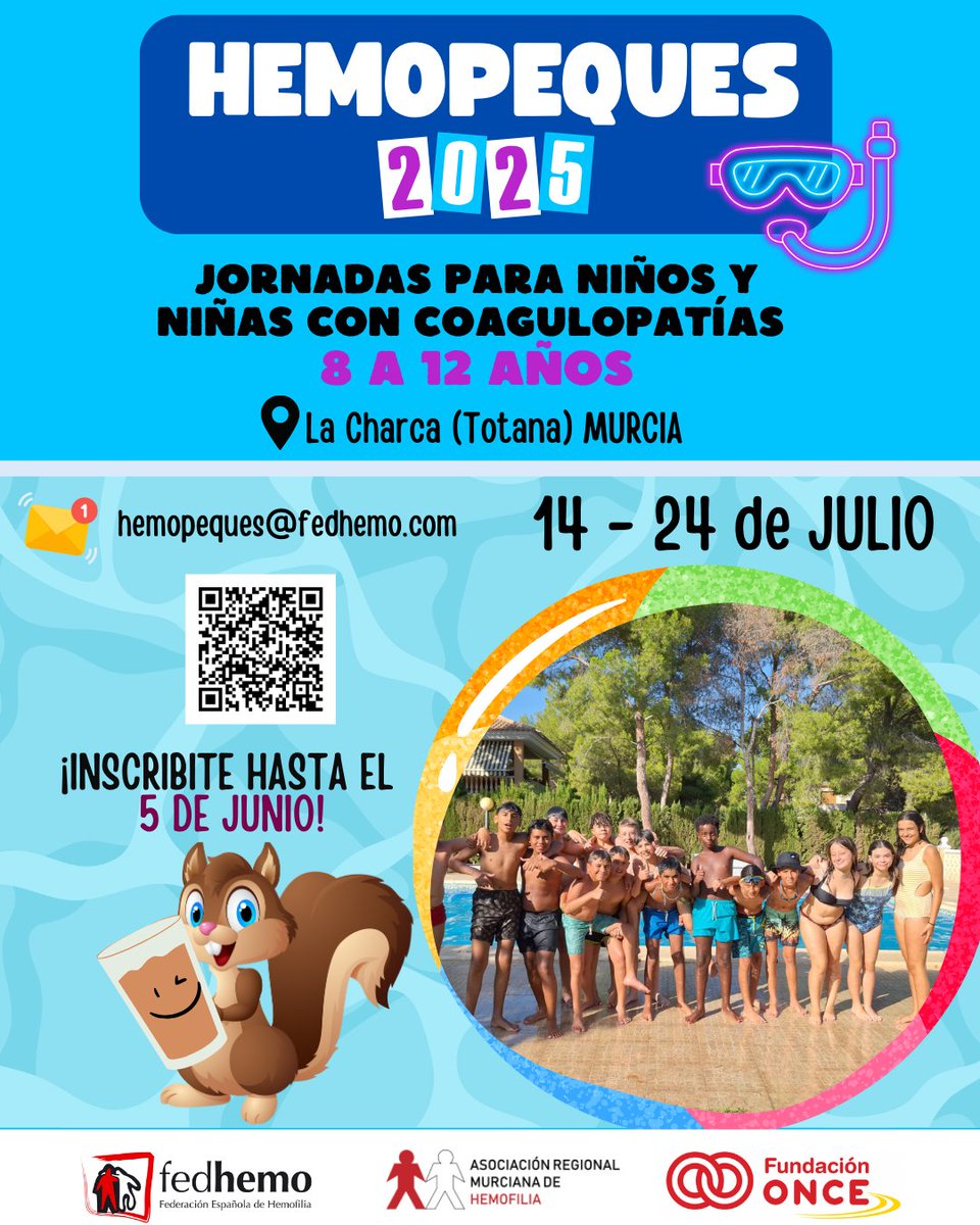 🌟 ¡Hemopeques 2025 ya está en marcha! 🌟

Del 14 al 24 de julio, celebramos las XXXV Jornadas de Formación en Hemofilia para niños y niñas de 8 a 12 años.

Un campamento único donde hacer nuevas amistades, reencontrarse con amigos y amigas de siempre y vivir mil aventuras: