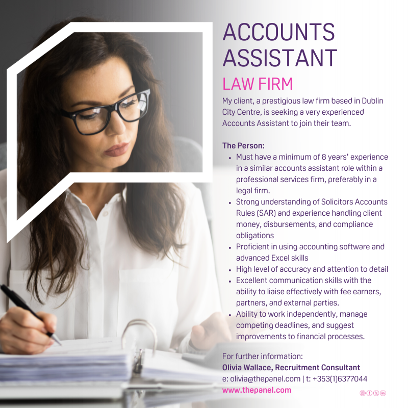 ThePanelDublin's tweet photo. Accounts Assistant (https://t.co/gx3aDTaaiL) role is currently available with our client, a prestigious law firm based in Dublin City Centre.
For more information, contact Olivia at olivia@thepanel.com
#jobfairy #accountsassistant #accounts #accounting https://t.co/HswmkY9yAL