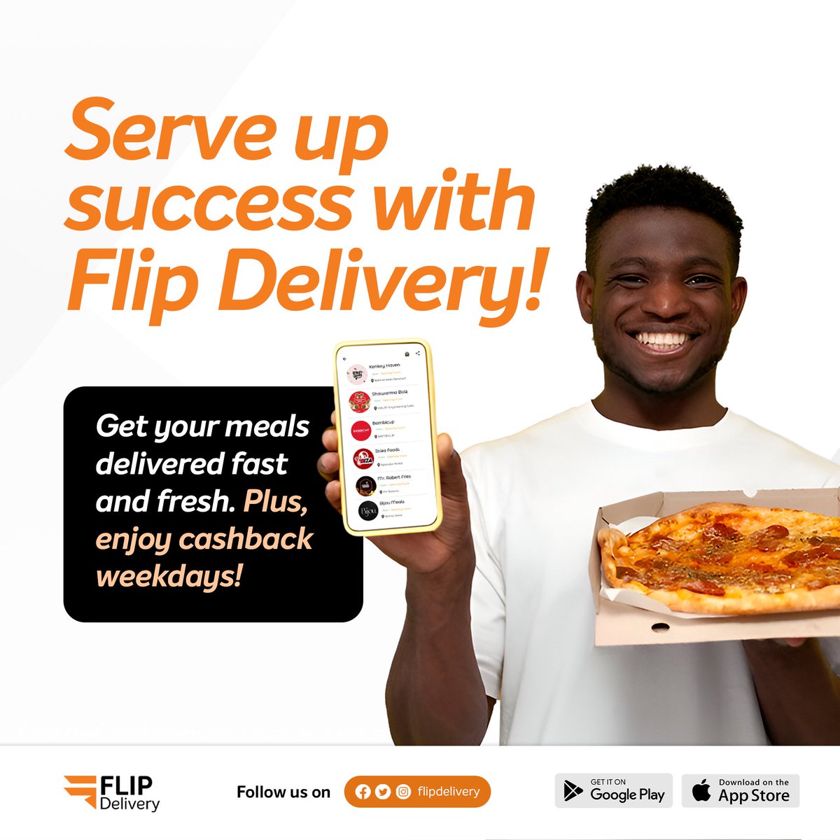 FlipDelivery's tweet photo. Craving something good? 🍲 Order fast, fresh meals on Flip and serve up success daily!
Get cashback on delivery fees from 3–6PM, Monday to Friday.
Eat smart. Earn back.
#FlipDelivery #FoodDelivery #CashbackDeal 💼📦 https://t.co/KQWKW1xLhx