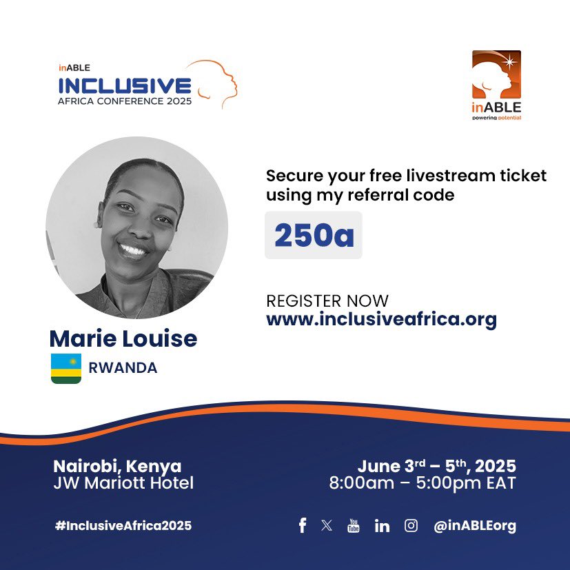 Ngogalouisa's tweet photo. This event offers a unique opportunity to engage in transformative discussions and initiatives aimed at advancing digital accessibility and inclusion for persons with disabilities across the continent. ,Don't forget to use my code 250a  #InclusiveAfricaConference #InAble #IAC2025 https://t.co/wYiwAIXeFj