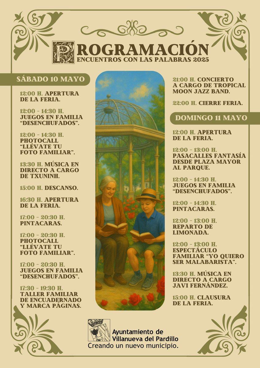 AytoVPardillo's tweet photo. 📚 VILLANUEVA DEL PARDILLO ACOGE LA PRIMERA FERIA DEL LIBRO “ENCUENTROS CON LAS PALABRAS”

👉🏼10 y 11 de mayo en el Parque Rosalía de Castro. Stands de libros, autores, talleres familiares, conciertos, pintacaras y más. 

👉🏼Más info: https://t.co/Cb6O8vezey

#VillanuevaDelPardillo https://t.co/OXM7olAWg9