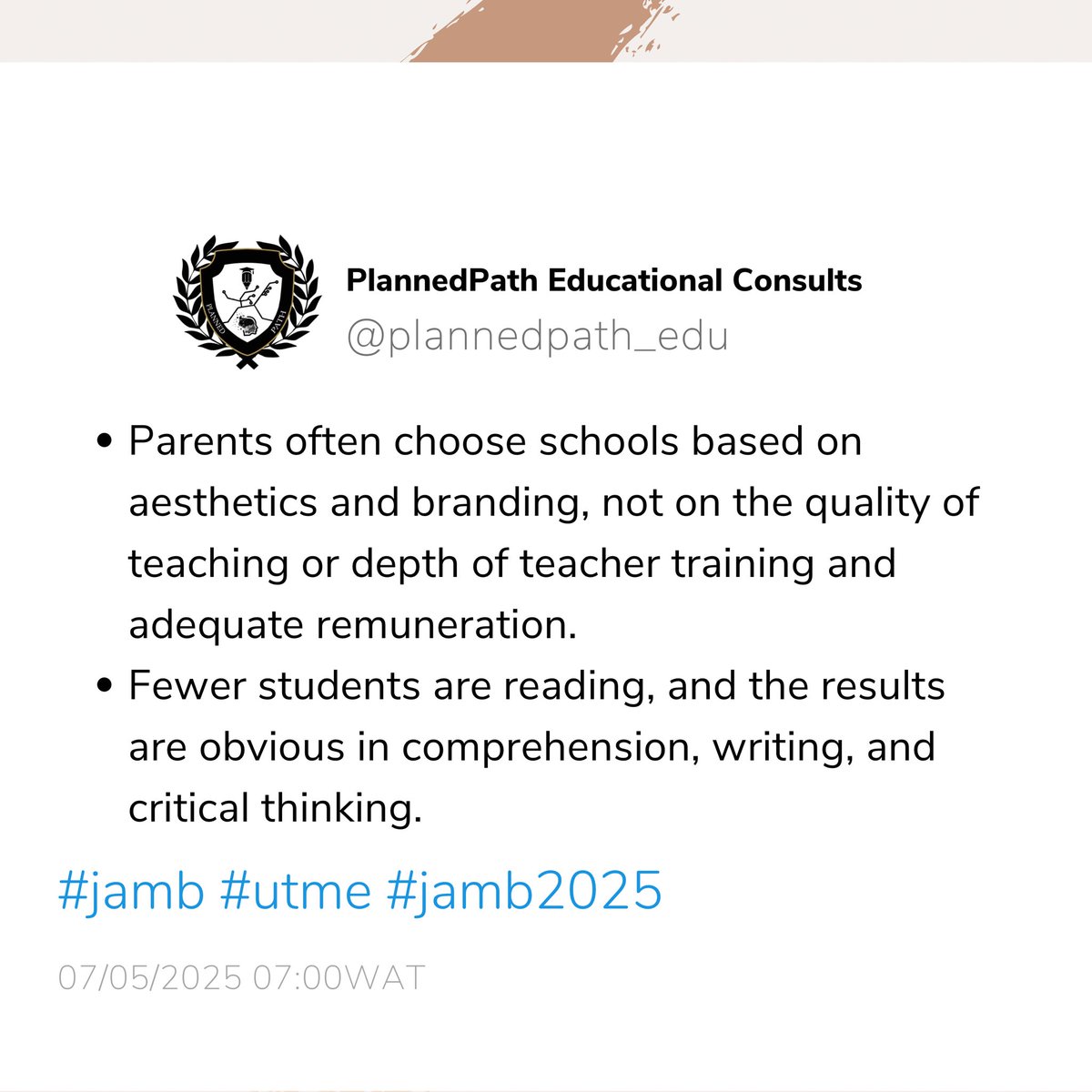 JAMB 2025: Reflections in 11 sentences.

Full reflection on Medium medium.com/@tosinun1/jamb…