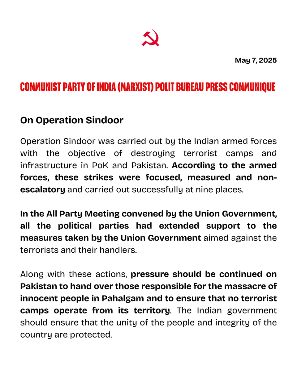 #CPIM Polit Bureau statement on #OperationSindoor

Read the statement at cpim.org/on-operation-s…