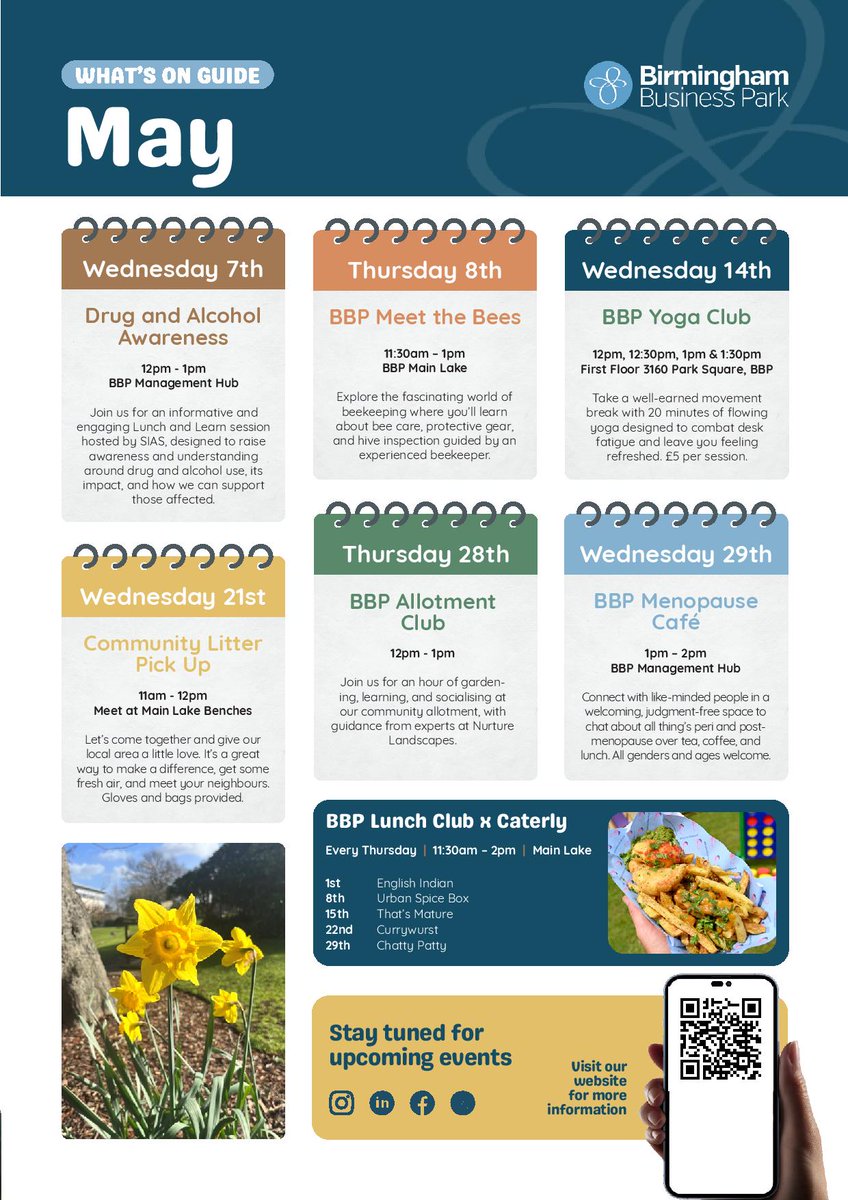 What’s On at BBP - May Edition 🌸 Check out this month’s events: 🐝 Meet the Bees – Thu 8th May 🧘‍♀️ BBP Yoga Club – Wed 14th May ☕ Menopause Café – Thu 29th May 🌱 BBP Allotment Club – Wed 28th May Book your spot via the link in bio! #BirminghamBusinessPark #bbpevents
