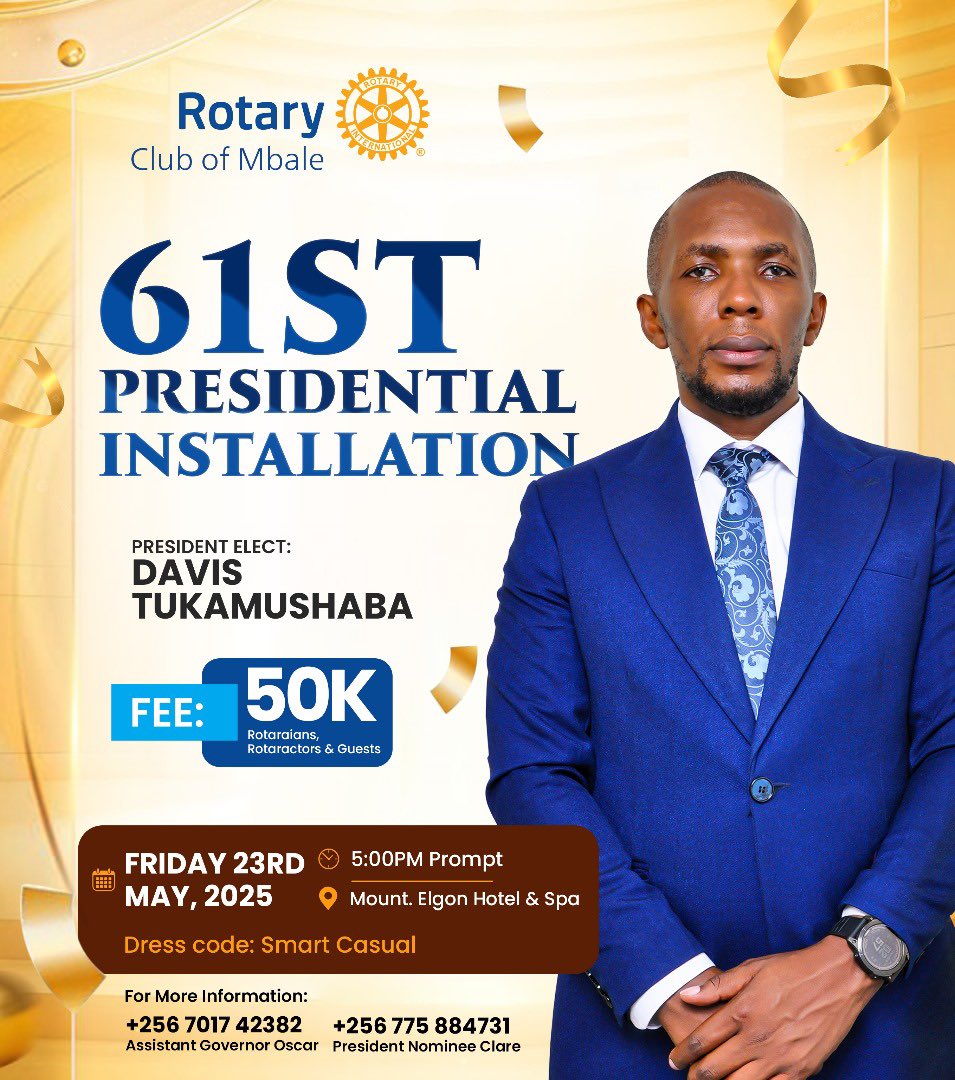 Join us on May 23 to celebrate 61 years of Rotary service with the inauguration of President Davis Tukamushaba