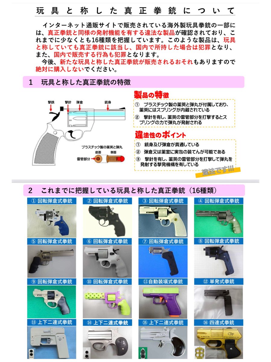 STGA_PR's tweet image. ご存じの方も既にいらっしゃると思いますが、警察庁は、通販サイトで海外製玩具けん銃の一部に、販売•所持共に違法となる真正けん銃と同様の構造をもつ製品があることを確認しており、同庁のサイトにて4月25日付けで注意喚起を行っています。

■ 警察庁ホームページ : npa.go.jp