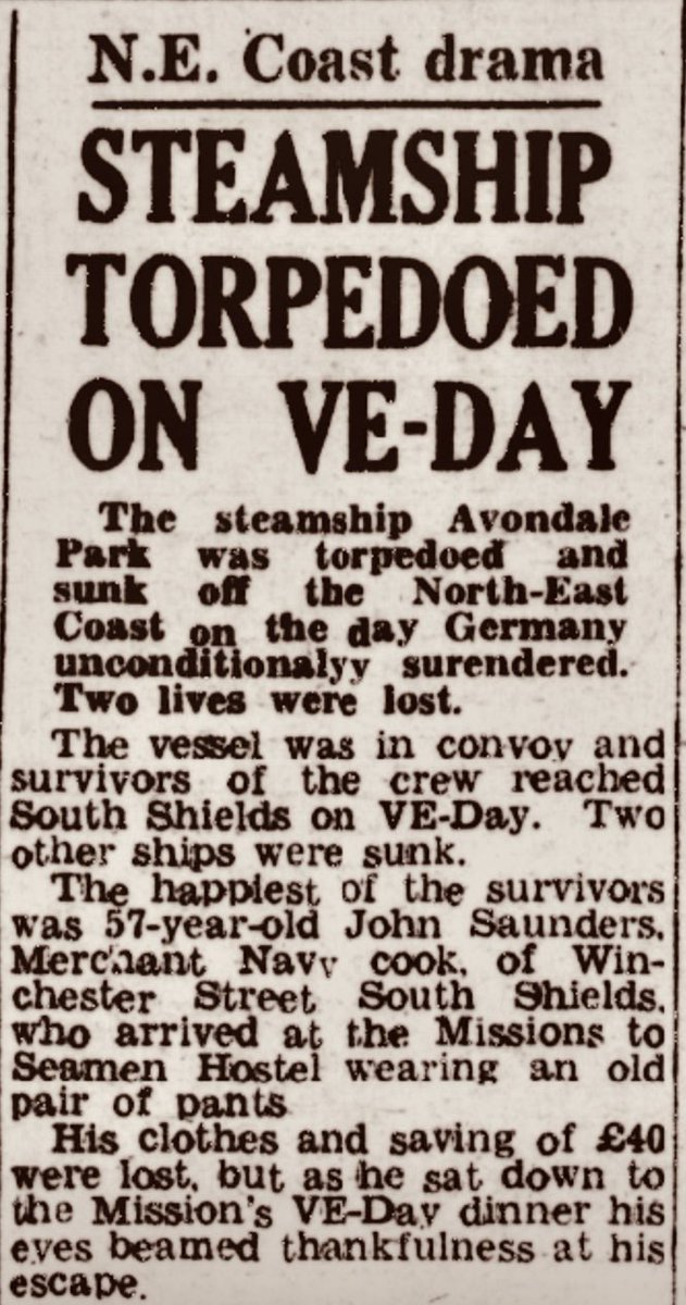 Morning. I wrote about #VEDay for the parish mag and the sinking by U-boat, just before the peace, of the merchant ship Avondale Park. Among those lost was donkeyman William Harvey from South Shields. His family were hanging bunting at their home off Mile End Rd when…1/2
