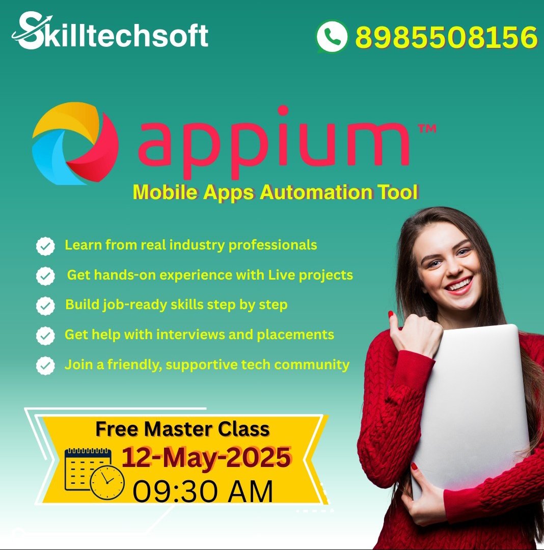 skilltechsoft's tweet image. *Boost Your Mobile App Testing with Appium!*
Discover the power of Appium for test automation and take your mobile app testing to the next level!
New Marater class: 12- May -2025
Timings.                  :  09:30 AM 
Call/WhatsApp.      :  8985508156
#Appium #TestAutomation