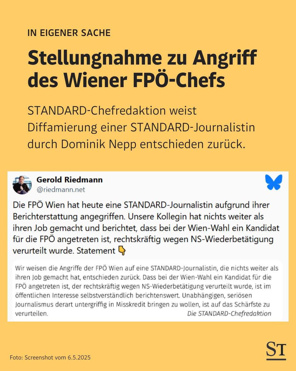 Ich solidarisiere mich mit <a href="/derStandardat/">DER STANDARD</a> . Die Kollegin Colette Schmidt unterstützt. Es kann nicht sein, dass Menschen, die ihre Arbeit ernsthaft, mit Sorgfalt und Zuversicht  machen, angegriffen werden. Liebe Colette, du hast meine volle Solidarität: derstandard.at/story/30000002…