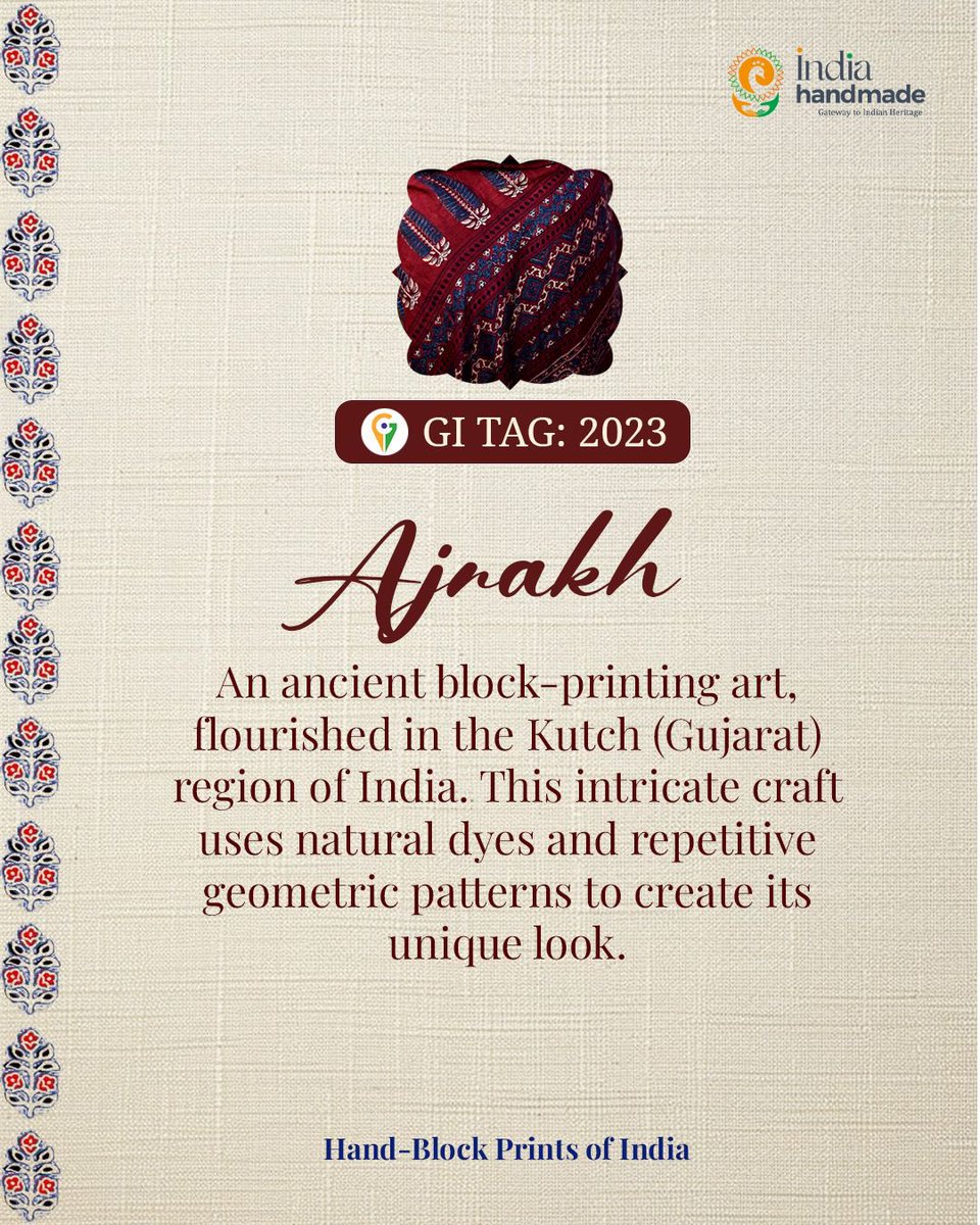 Indiahandmade_'s tweet image. 📢 Are you aware that Ajrakh block printing from Kutch, Gujarat, earned a GI Tag in 2023? 🏆

🛒 Celebrate the craft. Buy Ajrakh print textiles at Indiahandmade.com.

#gitag #ajrakhprint #blockprints #printsofindia #craftsofindia #madeinindia #vocal4handmade #vocal4local
