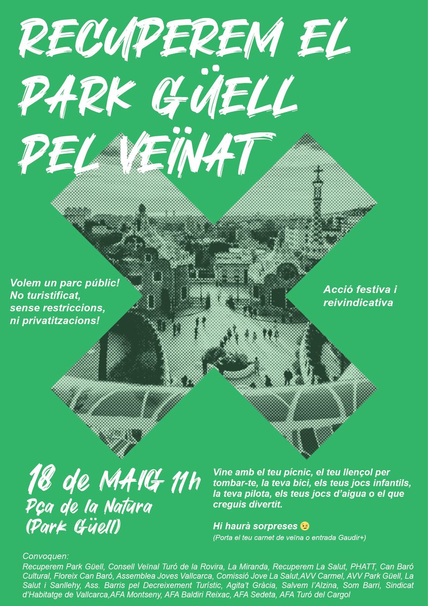 Veïnes, ja ho tenim aquí

💪1ª Acció x reclamar el PARC GÜELL PEL VEÏNAT, no turistificat, sense restriccions ni privatitzacions.

🙌 Volem q es convoqui la Taula de Treball pel Park Güell

📢 Volem q s'apliqui el Manifest per Recuperear el Park Güell pel veïnat

Vine i participa