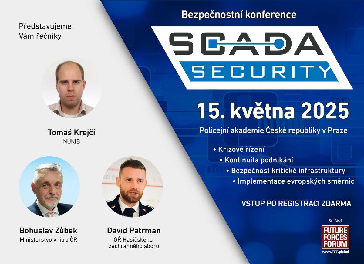 Konference SCADA Security již příští týden
Krizové řízení, kontinuita podnikání, ochrana kritické infrastruktury, evropské směrnice – témata, která pálí. A proto si zaslouží víc než jen slide v interní prezentaci.
Více info na: future-forces-forum.org/events/162_sca…