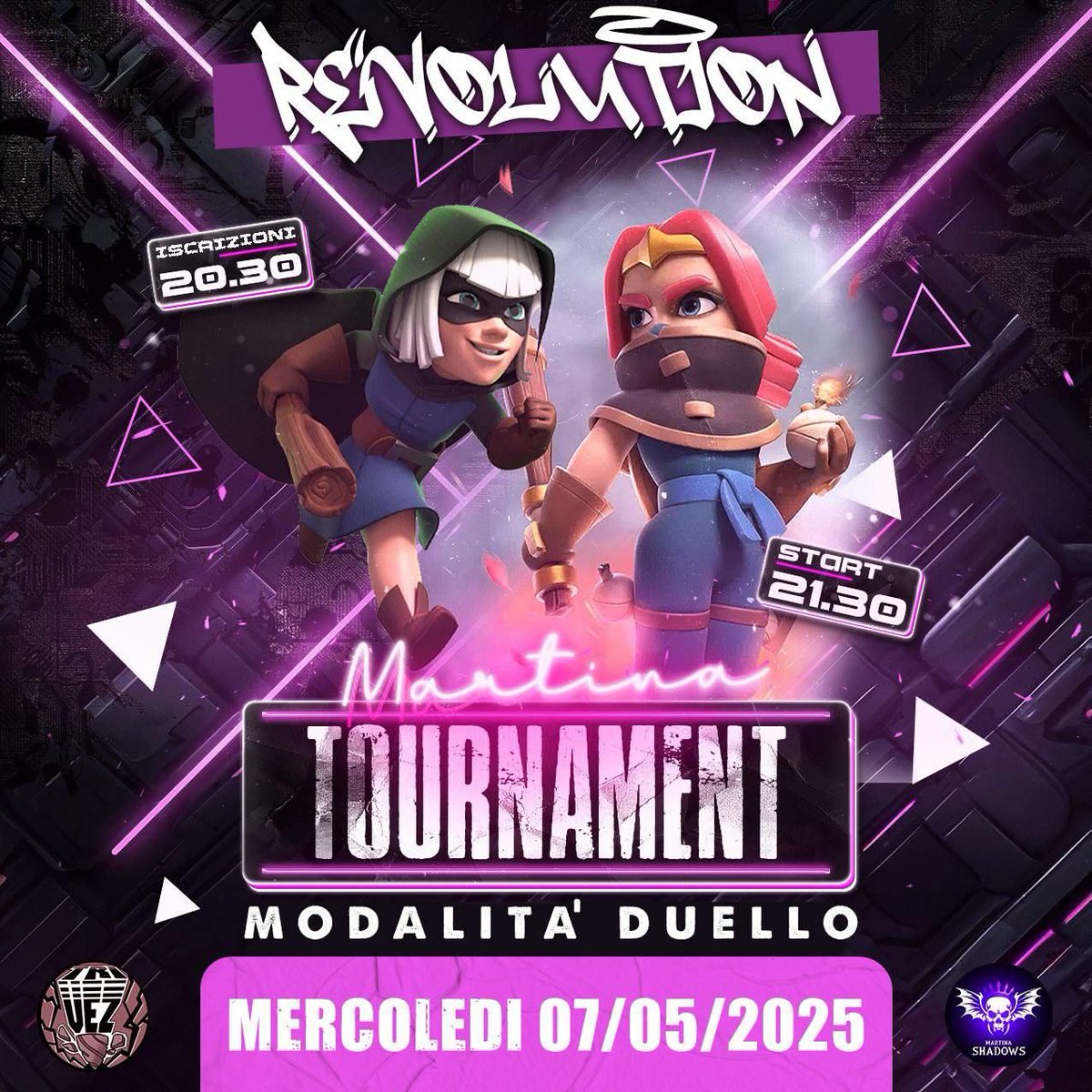 REVOLUTION TOURNAMENT 
🔎Name: Martina 
📆Wednesday 07/05/2025 
✍️Registrations: 20:30 CEST
⏰Start: 21:30 CEST
⚔️Mode: Duel 
🥇Pass🥈Pass🥉Pass🎖Pass 🎖Pass 🎖Pass 

To redeem the passes you need to be part of the TG Clash Royale Revolution community👇
t.me/clashroyale_re…
