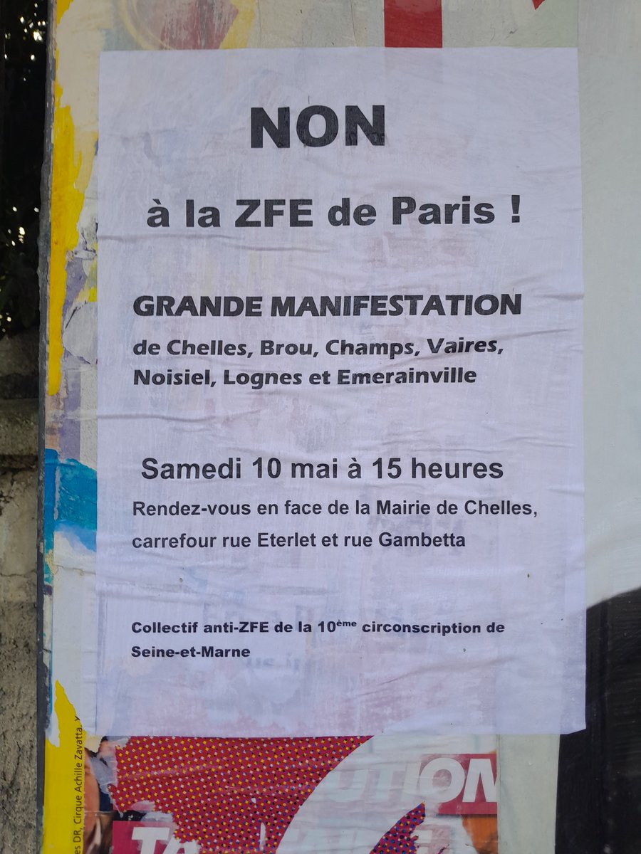 Rappel, samedi 10 mai à #Chelles, grande #Manifestation contre la #ZFE de #Paris. Rdv à 15h carrefour des rues Eterlet et Gambetta, en face de la Mairie. 

Les #ZFE, c'est:
- une absurdité sur le plan écologique 
- une catastrophe économique et sociale et donc une catastrophe