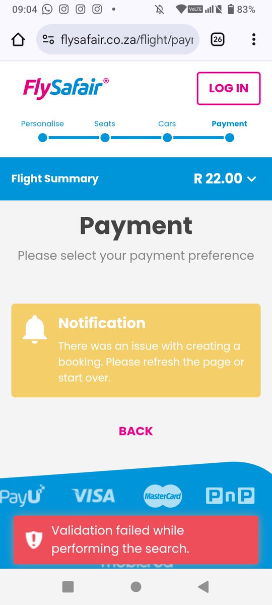 BrandonLorenzo's tweet photo. Again just like last year, as I filled in all my information &amp; was paying it said NO! Super disappointing the errors and poor quality the website is. So even once you're the very few selected you still cannot book successfully. @FlySafair #FlySafair #FlySafairLekkerR11Winner https://t.co/rJBgx7UwXE