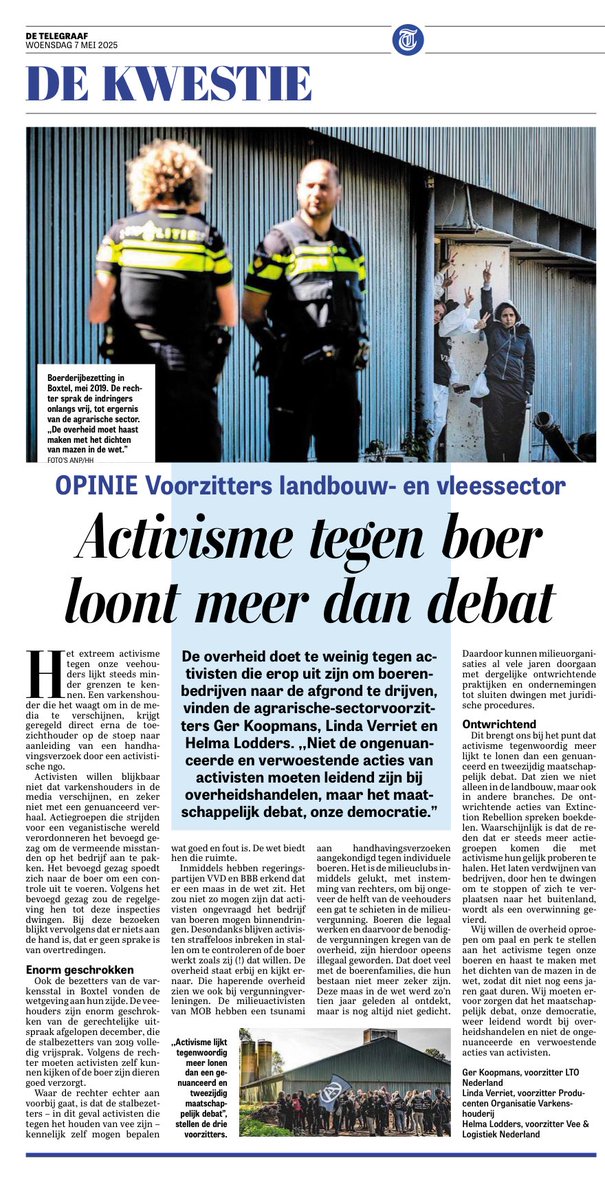 Helma Lodders (@helmalodders) on Twitter photo Vandaag in <a href="/telegraaf/">De Telegraaf</a>: Activisme tegen de boer loont meer dan debat.
‘Niet de ongenuanceerde en verwoestende acties van activisten moeten leidend zijn bij overheidshandelen, maar het maatschappelijk debat, onze democratie’. Vandaag in <a href="/telegraaf/">De Telegraaf</a>: Activisme tegen de boer loont meer dan debat.
‘Niet de ongenuanceerde en verwoestende acties van activisten moeten leidend zijn bij overheidshandelen, maar het maatschappelijk debat, onze democratie’.