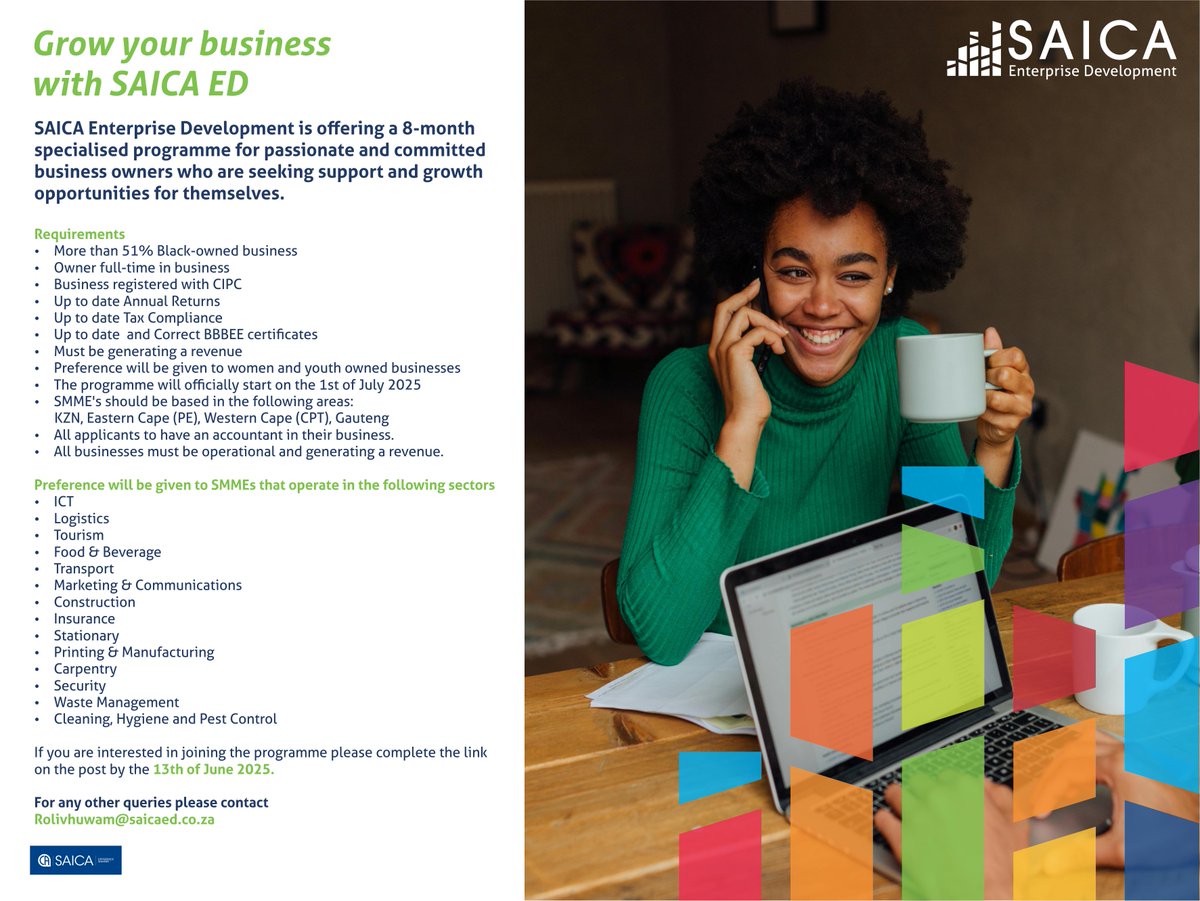 Our Flagship Programme is recruiting for cohort 9. If you want to grow your business and gain all the necessary Financial Skills, you need to upscale your business
Please make sure you meet the requirements before applying
Click on the link to apply forms.office.com/r/QD3AAPsZPd