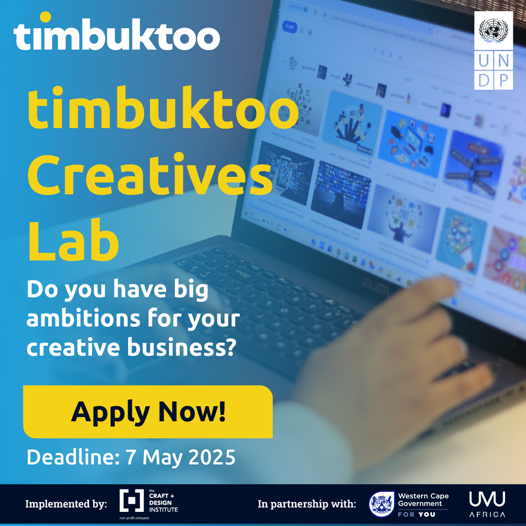 UNDP South Africa (@undpsouthafrica) on Twitter photo ⏰Deadline alert!
This is the final call to apply for <a href="/timbuktooafrica/">timbuktooAfrica</a>'s Creative Lab!
We’re looking for innovation in:
Audiovisual
Design
Music
Multimedia
Heritage
Access mentorship, funding, and networks to help scale your creative solution.
Apply: shorturl.at/JV5Aj ⏰Deadline alert!
This is the final call to apply for <a href="/timbuktooafrica/">timbuktooAfrica</a>'s Creative Lab!
We’re looking for innovation in:
Audiovisual
Design
Music
Multimedia
Heritage
Access mentorship, funding, and networks to help scale your creative solution.
Apply: shorturl.at/JV5Aj