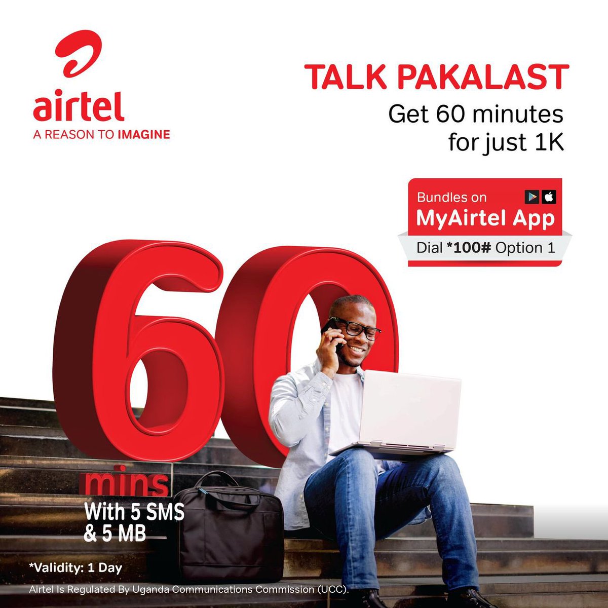 Get 60 minutes of talk time, 5 SMS, and 5MB for UGX 1,000. Simply dial *100*1# or use the #MyAirtelApp👉 airtelafrica.onelink.me/cGyyr/qgj4qeu2 to purchase

#TalkPakalast 
#AirtelCares