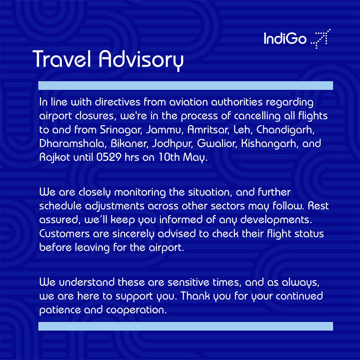 IndiGo6E's tweet image. #6ETravelAdvisory: Following aviation directives, flights to/from these cities remain cancelled until 10 May, 0529 hrs. Please check your flight status here bit.ly/31paVKQ. For rebooking or refunds, visit bit.ly/31lwD2y. We are here to support you!