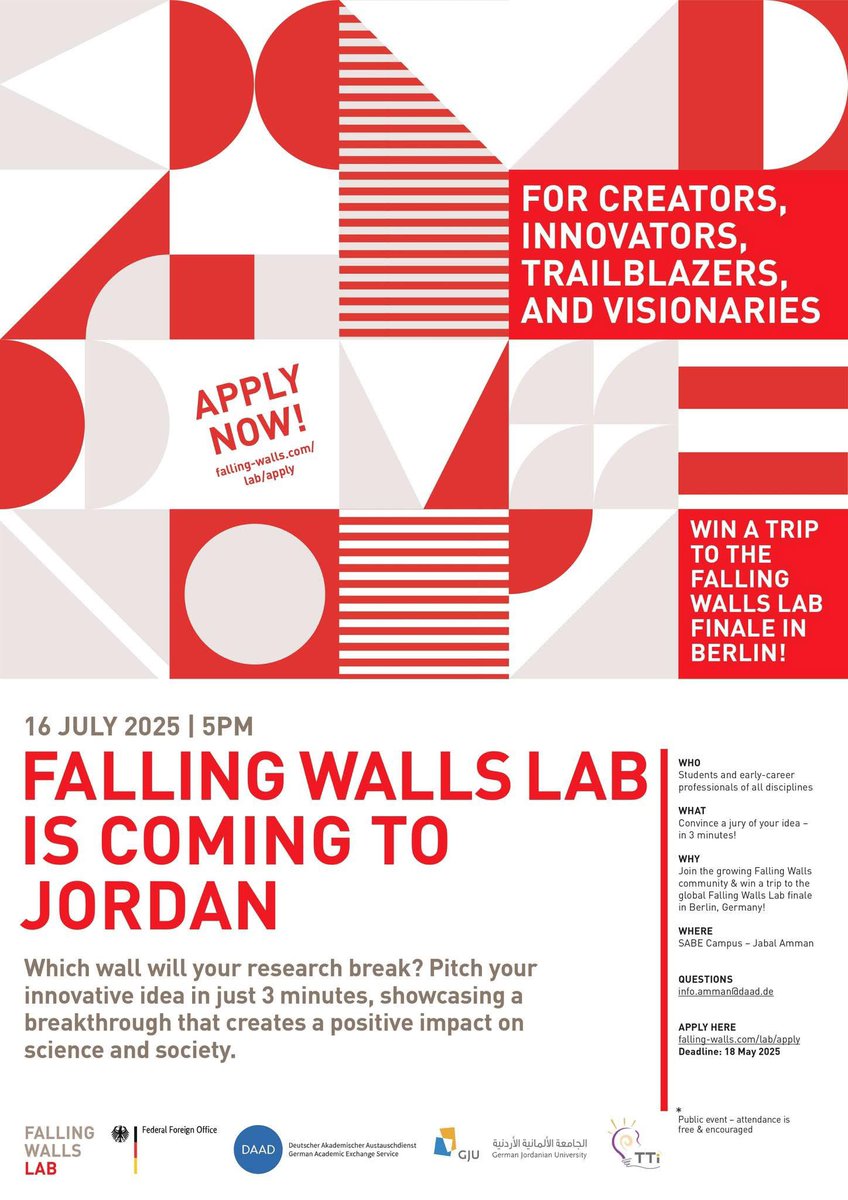 Do you have a groundbreaking idea that could change the future of science and society? Apply until 18 May for the Falling Walls Lab Competition. More Infos 👉 facebook.com/share/p/1F7BG3…
(TvM)